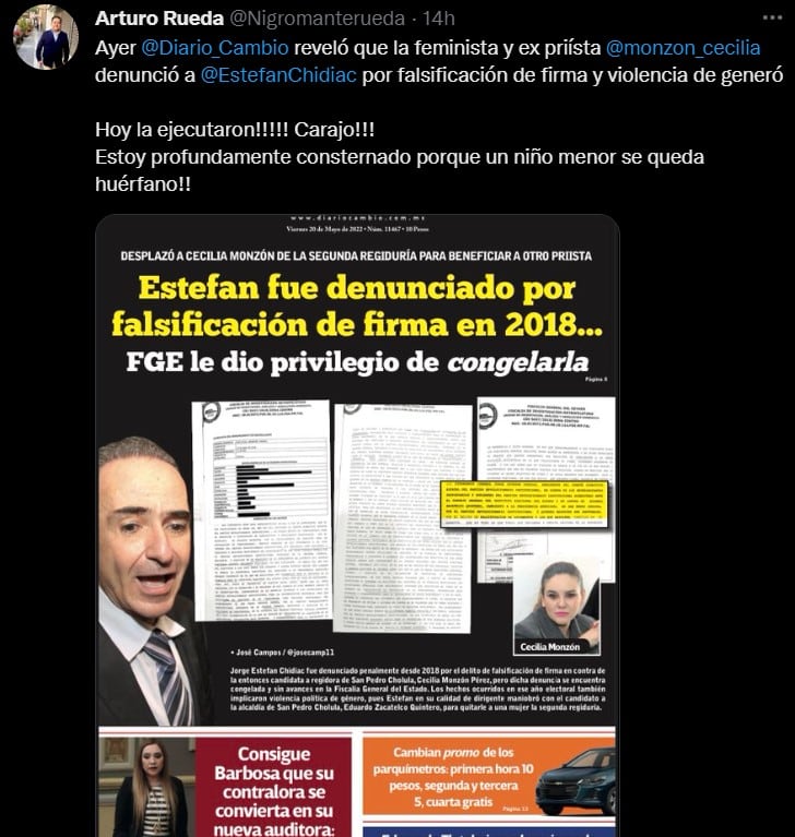 El periodista Arturo Rueda señaló a Charbel Jorge Estefan Chidiac como primer sospechos de la muerte de Cecilia Monzón en redes