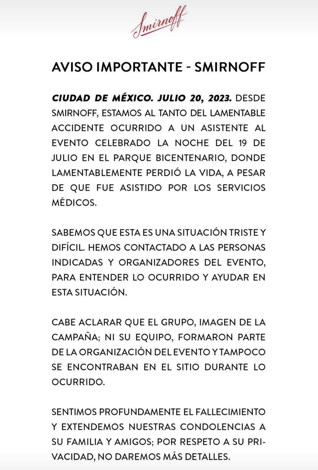 Smirnoff se deslinda de la muerte de Alberto Clavijo en evento de RBD.