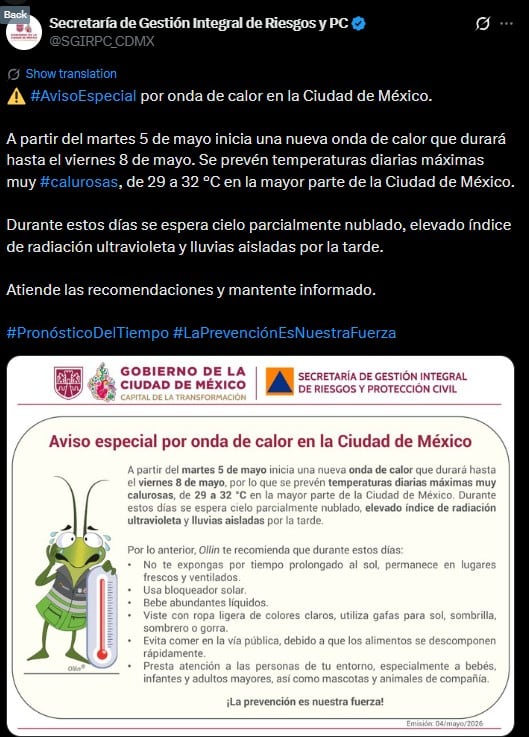 Segunda ola de calor en CDMX del 5 al 8 de mayo