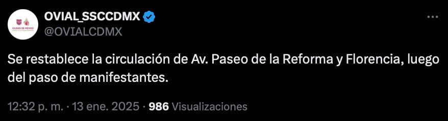 Restablecen circulación en Paseo de la Reforma