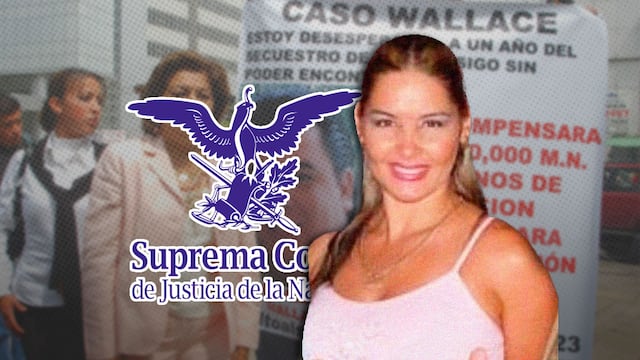 Juana Hilda González al frente; del lado izquierdo logo de la SCJN y al fondo protestas por caso Wallace