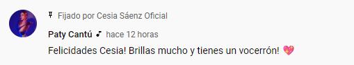 Paty Cantú felicita a Cesia por su cover.