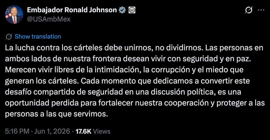 Ronald Johnson afirma que la lucha contra el narcotráfico debe unir a México y Estados Unidos