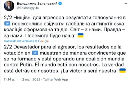 Volodímir Zelenski agradece apoyo de los países de la ONU a Ucrania