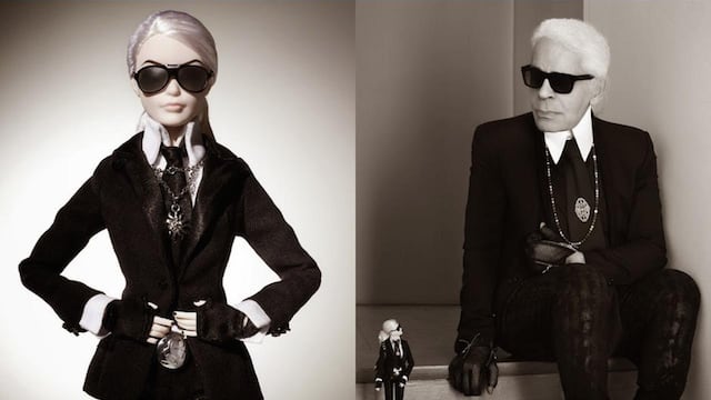 La 'Karl Lagerfeld Barbie Doll' junto al diseñador que la inspiro.