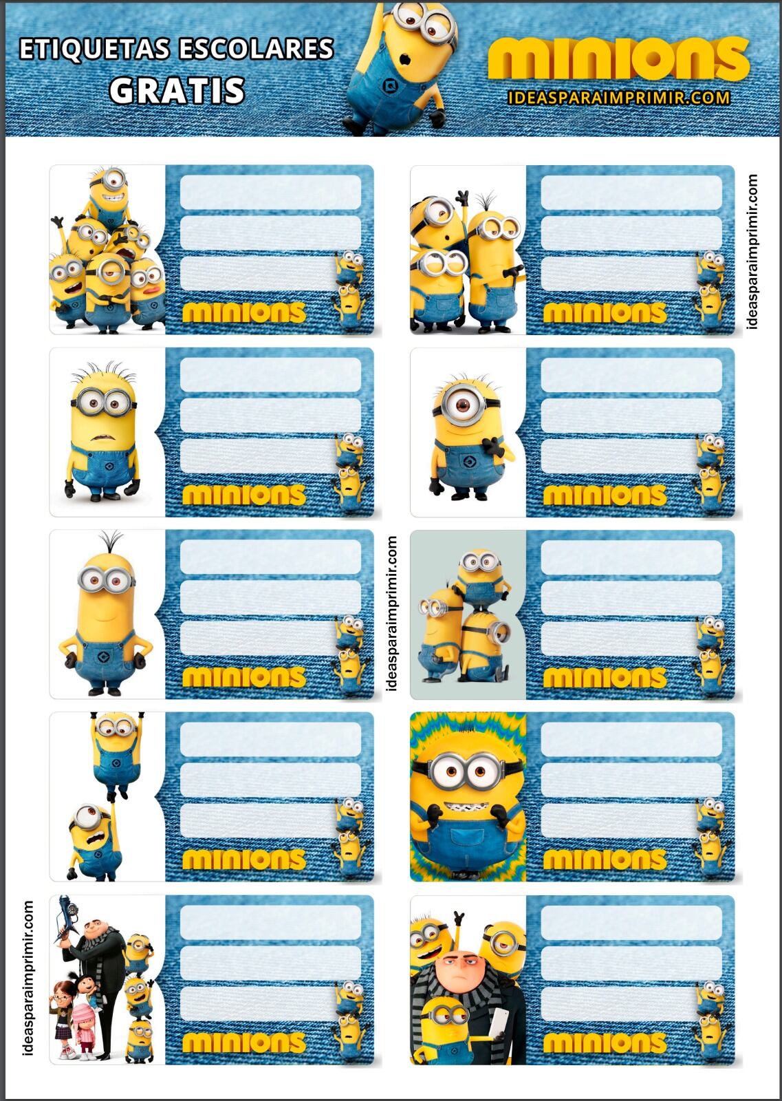Plantilla de etiqueta escolar de Mi Villano Favorito y Minions para imprimir.