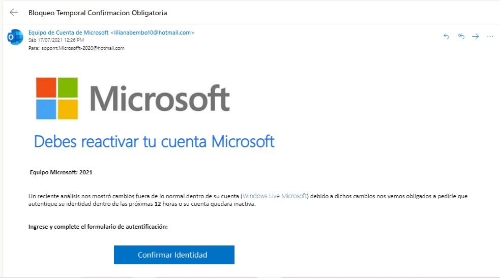 Ejemplo de phishing por correo electrónico.