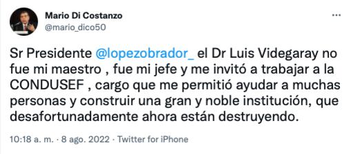 Mario Di Costanzo le responde a AMLO, dice que ahora se destruye a la Condusef/@mario_dico50