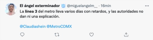 usuarios se quejan de retrasos de la línea 3 del metro/captura de pantalla de Twitter