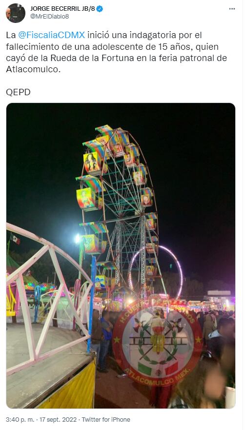 Muere menor de edad tras caer de la Rueda de la Fortuna en la feria de Atlacomulco, Estado de México