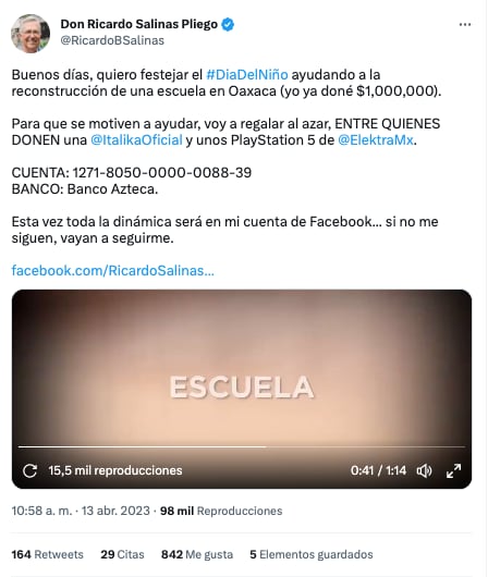 Ricardo Salinas Pliego hace sorteo por Día del Niño