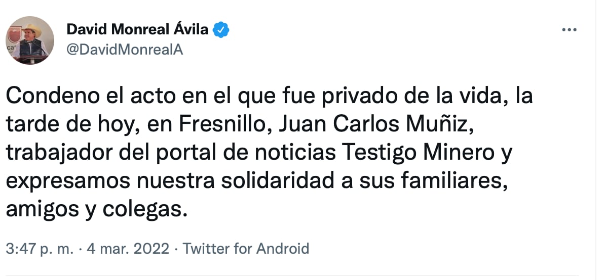 David Monreal condena asesinato del periodista