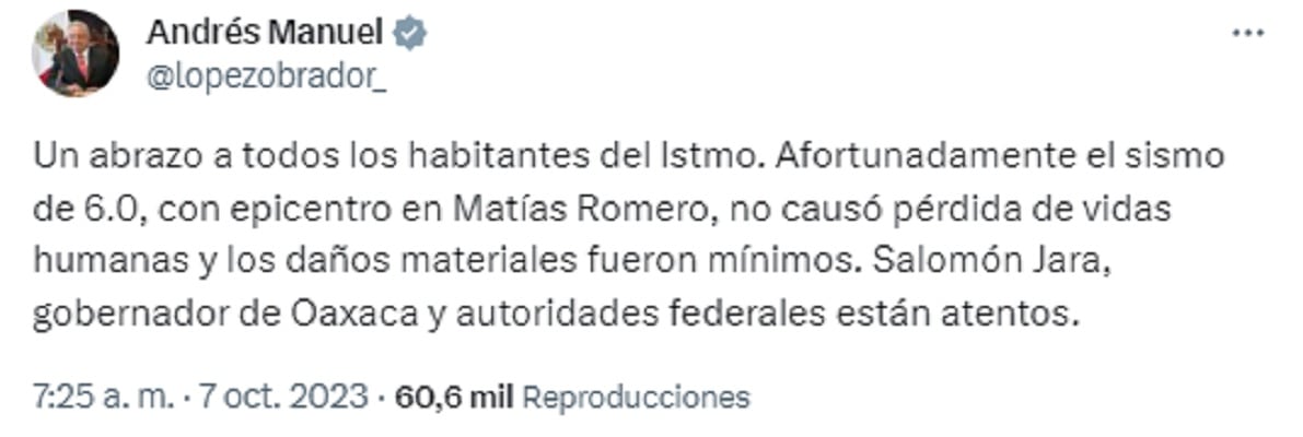 AMLO manda mensaje por el sismo de 6.0