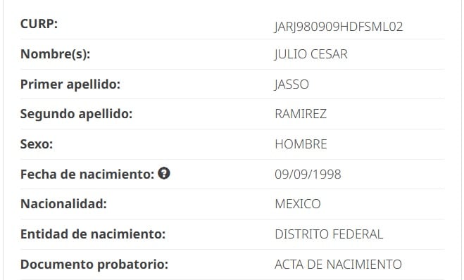 Registro de Julio César Jasso Ramírez para la CURP.