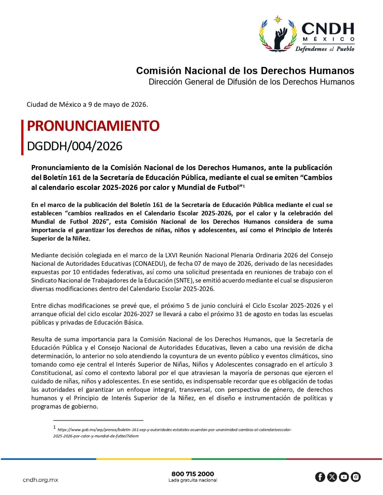 CNDH alerta impacto en familias tras cambios al calendario escolar