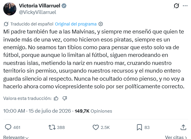 Victoria Villarruel reitera reclamo sobre las Islas Malvinas tras triunfo de Argentina sobre Inglaterra