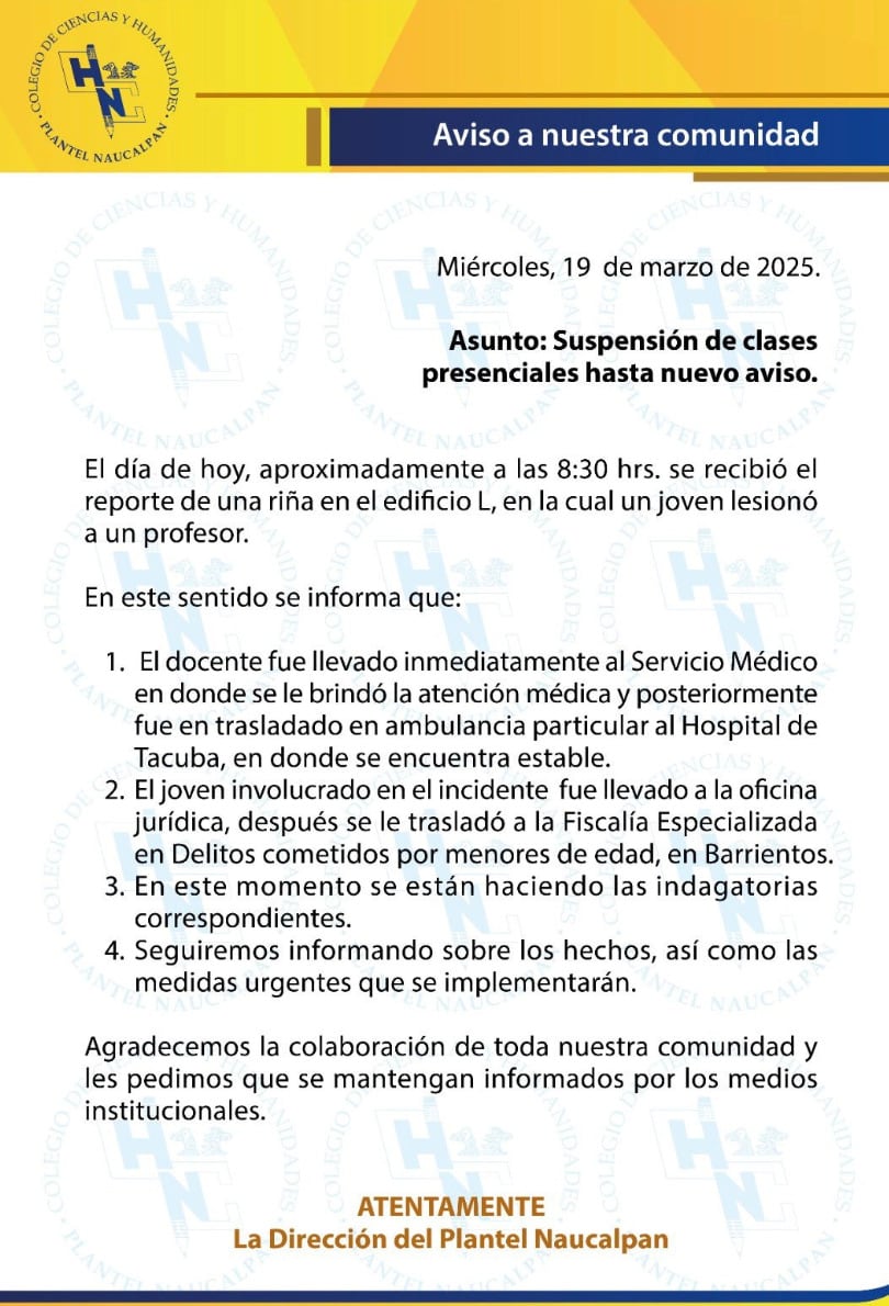 Comunicado CCH Naucalpan de la UNAM tras ataque con cuchillo