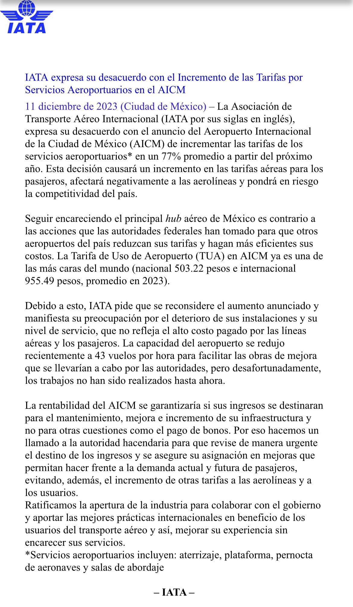 Comunicado de IATA contra el aumento de tarifas en el AIFA