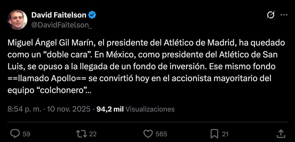 Apollo compra al Atlético de Madrid; aquí el San Luis los rechazó