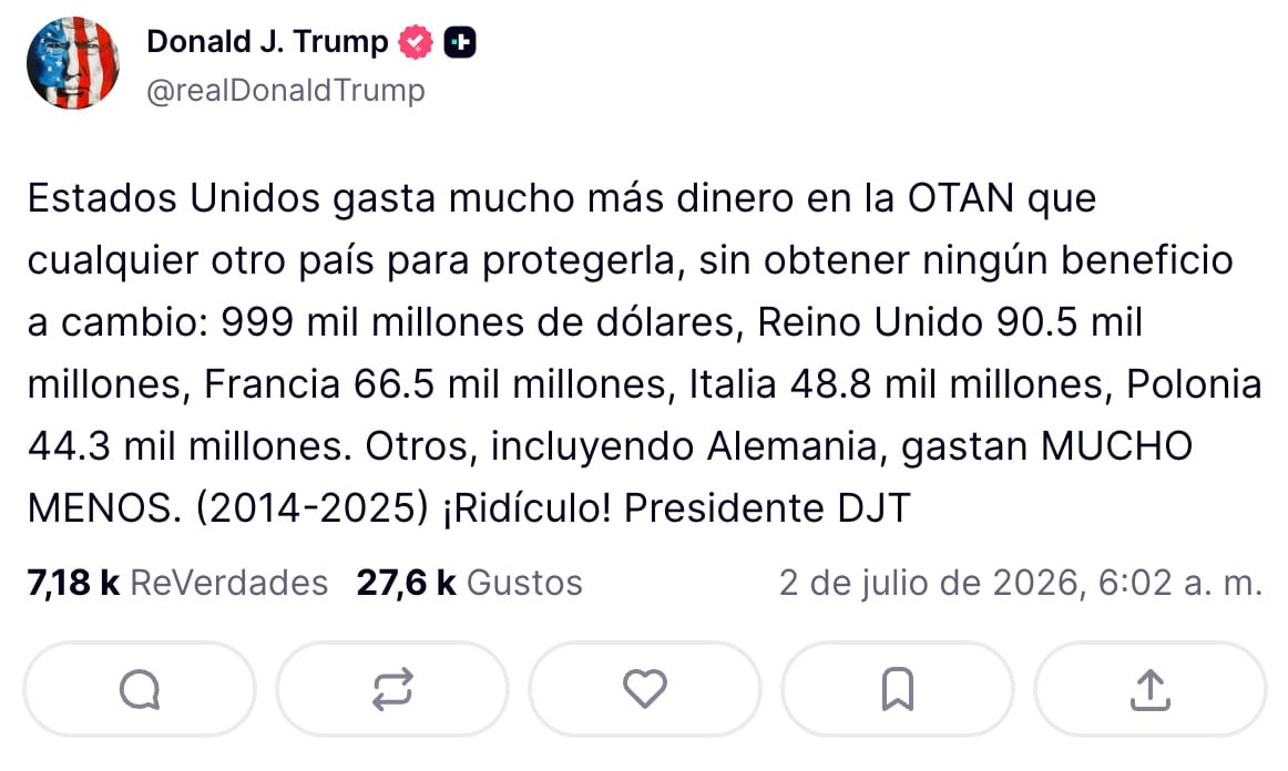 Trump lanza nuevo mensaje contra la OTAN y el papel de Estados Unidos