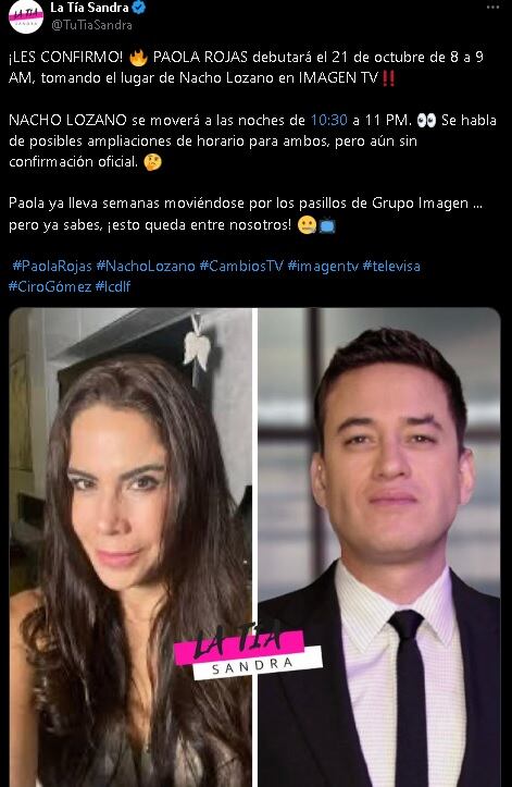 Paola Rojas tendrá el programa de Nacho Lozano en Imagen Televisión.