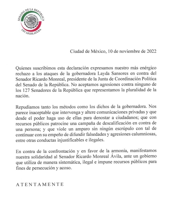 Declaración de los y las senadoras que apoyan a Ricardo Monreal