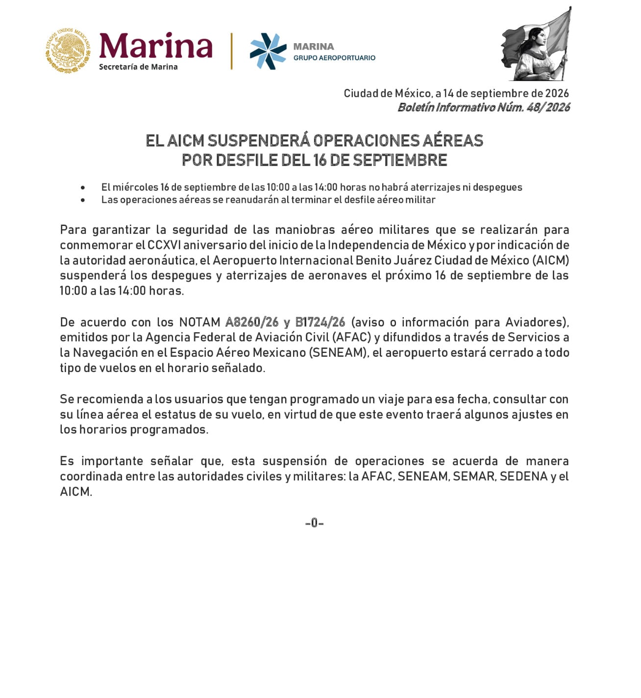 AICM suspende operaciones durante 4 horas por el Desfile Militar del 16 de septiembre