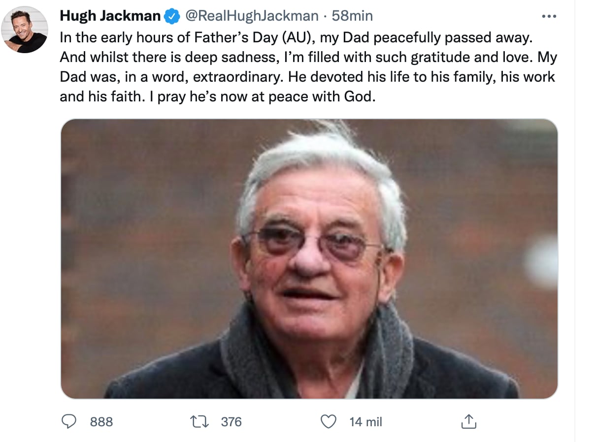 Hugh Jackman anuncia la muerte de su padre, Christopher John Jackman