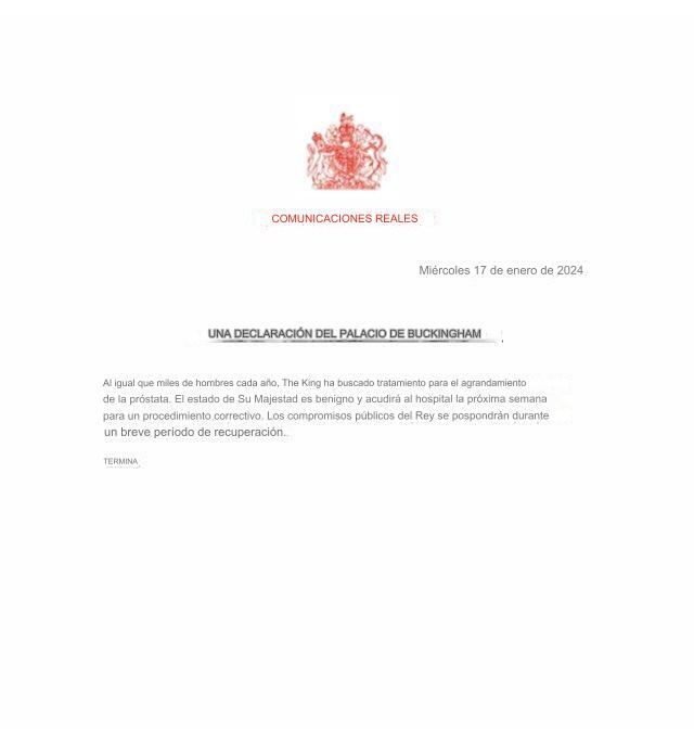 Comunicado sobre la salud del Rey Carlos III de Reino Unido.