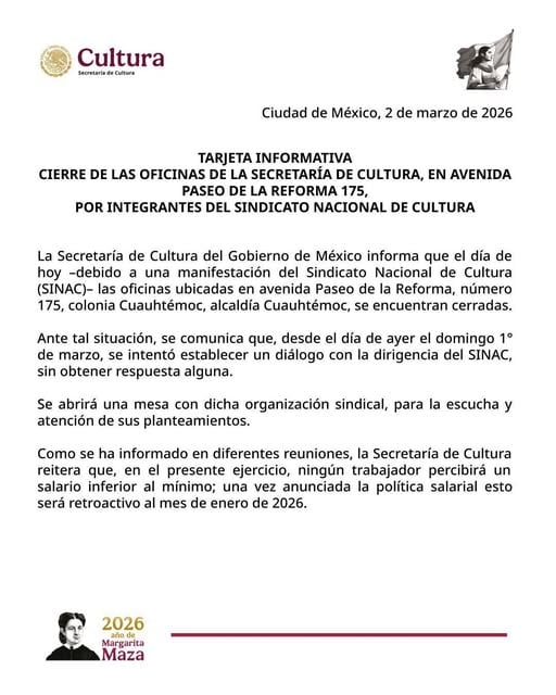 Comunicado de la Secretaría de Cultura sobre manifestación del Sindicato.