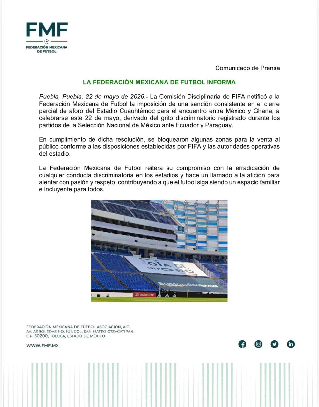 Comunicado FMF sobre sanción de la FIFA