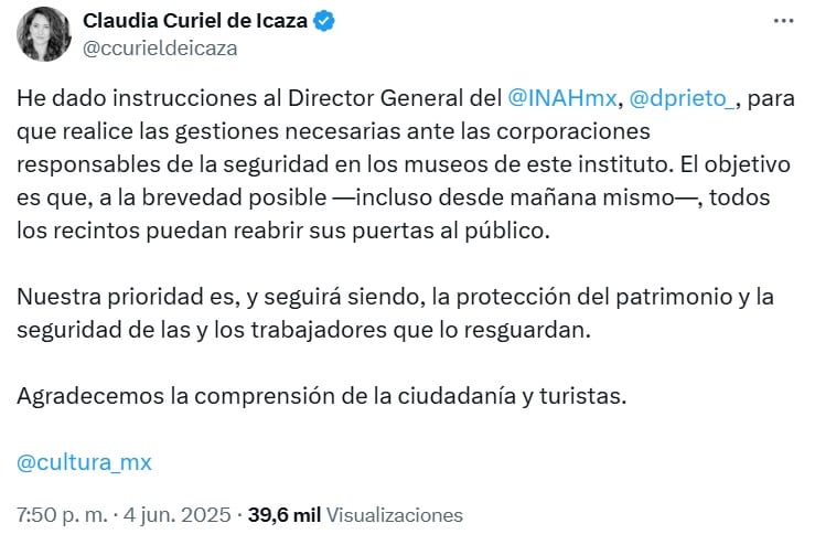 Claudia Curiel de Icaza lanza instrucción al INAH tras cierre de museos