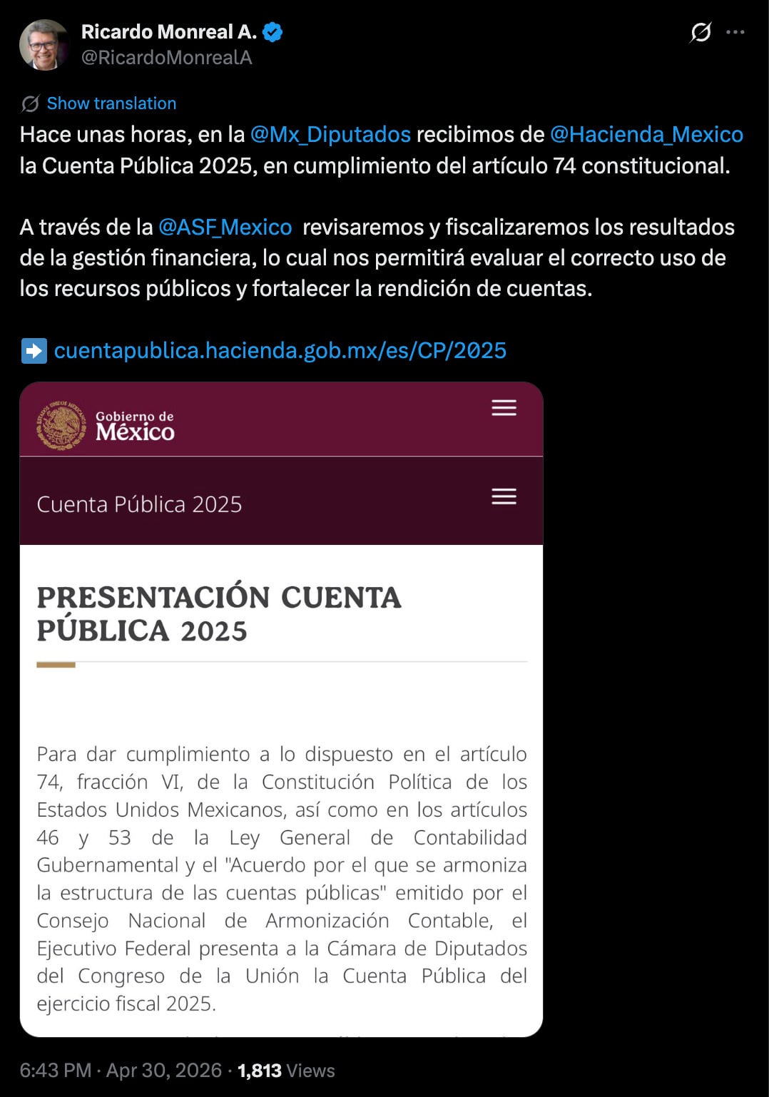Cuenta Pública 2025 es entregada a la Cámara de Diputados de México para su revisión