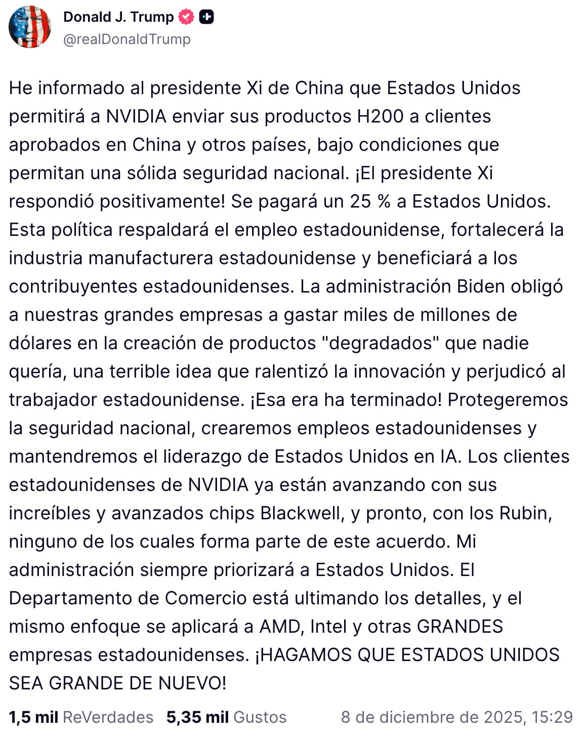 Estados Unidos autoriza a NVIDIA a exportar chips H200 a clientes en China