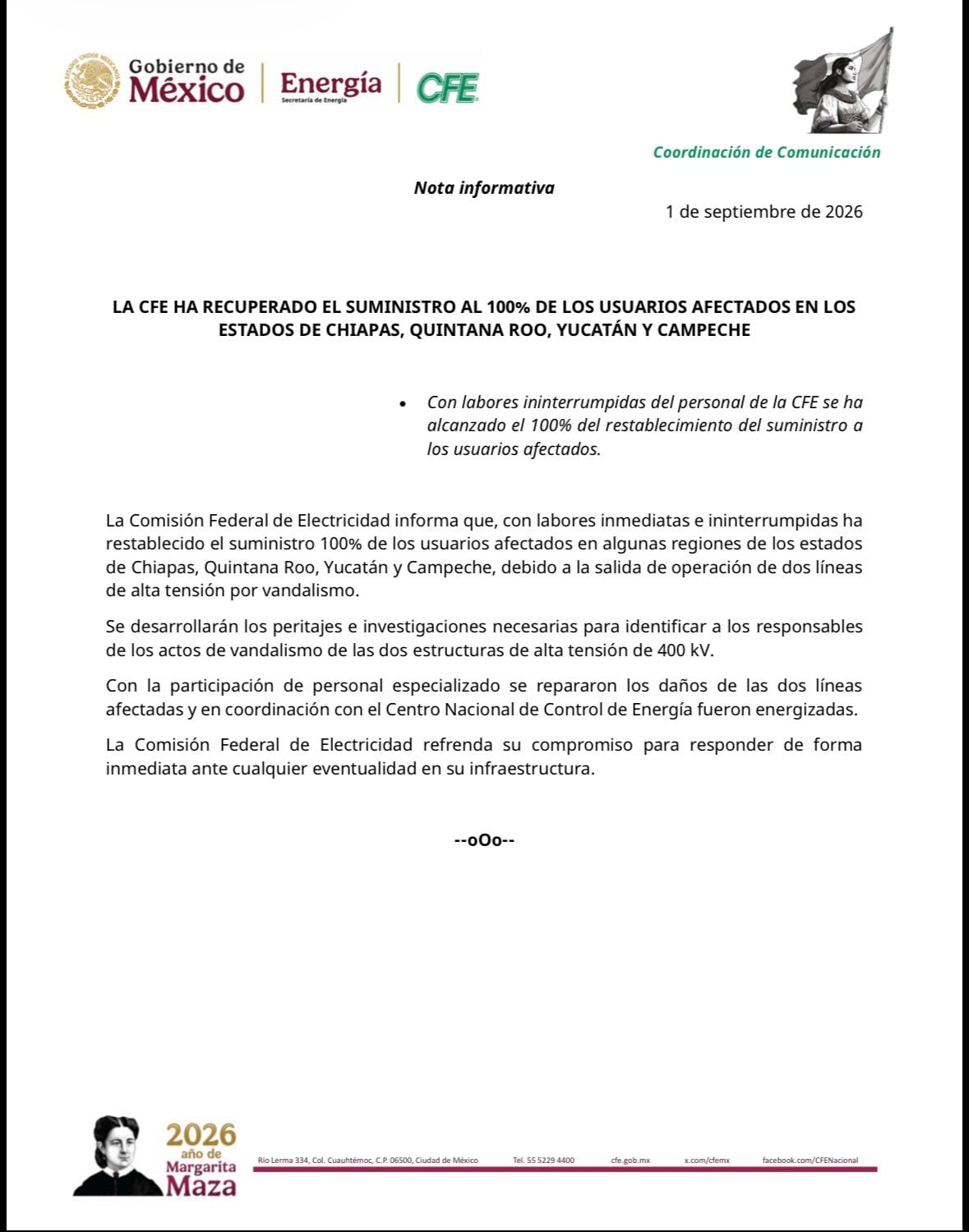 CFE restableció al 100% la electricidad en estados afectados