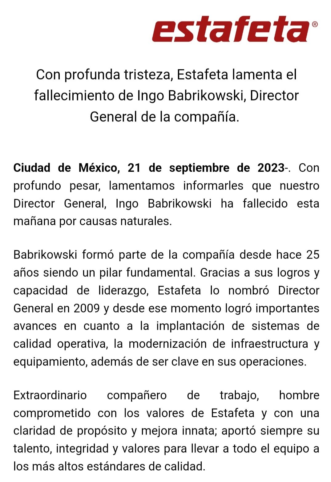 Muere Ingo Babrikowski, CEO de Estafeta