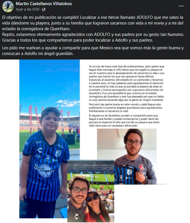 publicación del niño "héroe" que salvó a un aficionado del Atlas FC