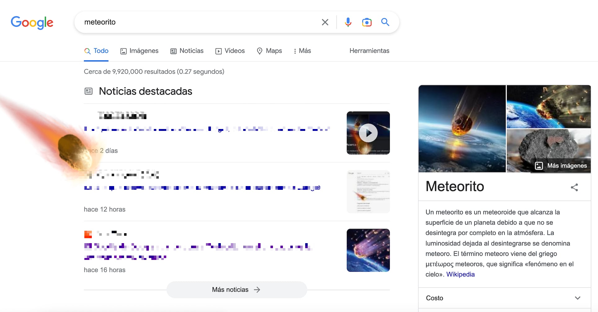 Animación de Google al escribir "meteorito"