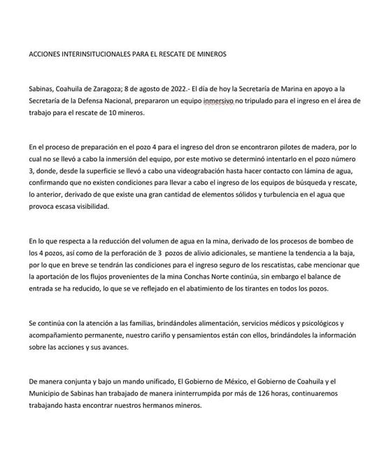 Mineros atrapados Sabinas, Coahuila, día 7: Dron confirma que no hay condiciones para el ingreso de rescatistas a la mina