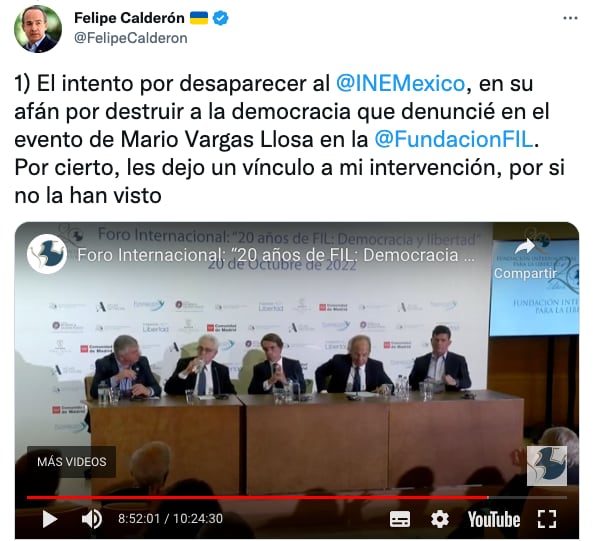 Felipe Calderón acusa que dichos de Adán Augusto López busca desviar la atención de la Reforma Electoral