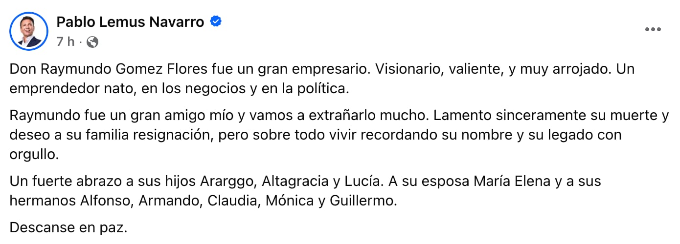 Pablo Lemus despide a Raymundo Gómez Flores
