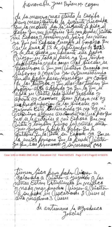 Carta de "el Chapo" Guzmán al juez Brian Cogan