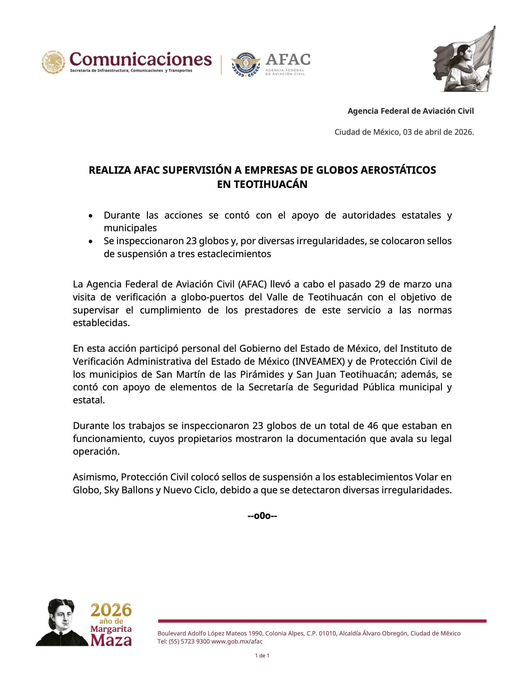AFAC suspende operaciones de globos aerostáticos en Teotihuacán