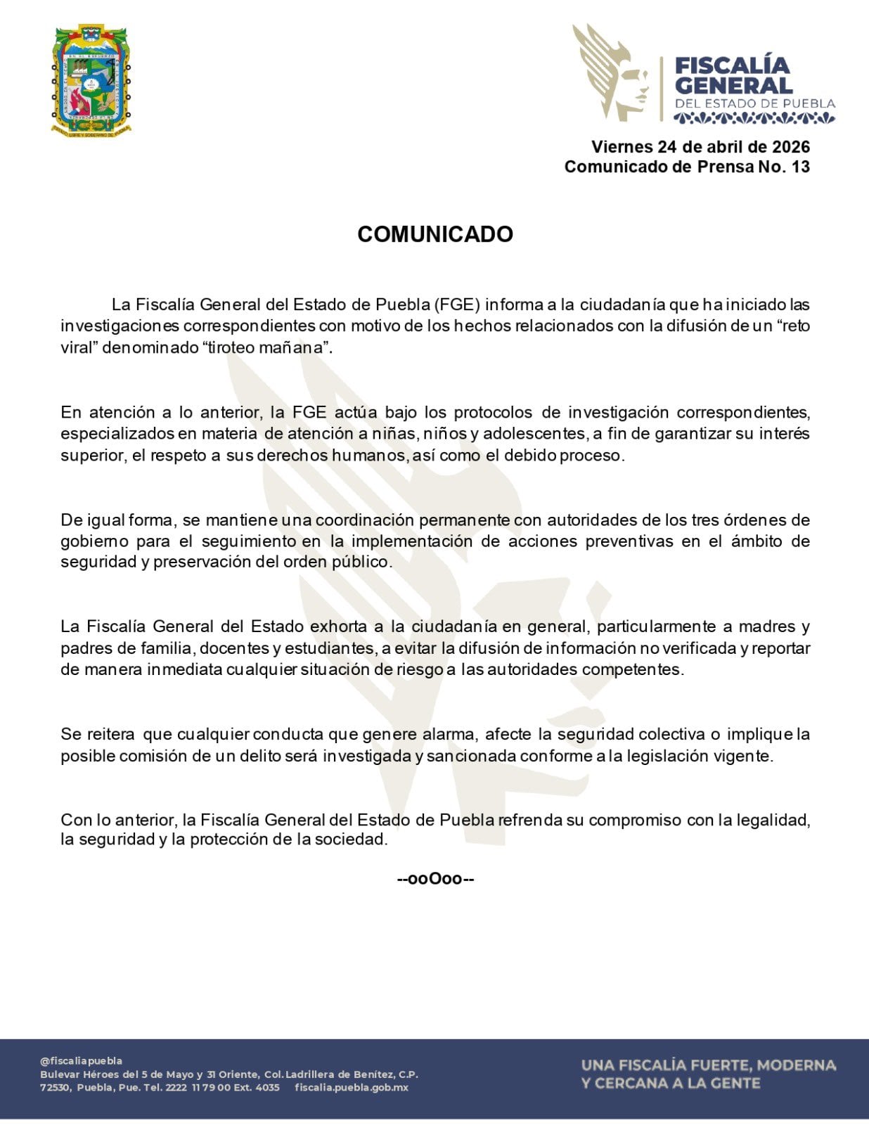 La Fiscalía General del Estado de Puebla inicia investigación ante el reto viral "tiroteo mañana"