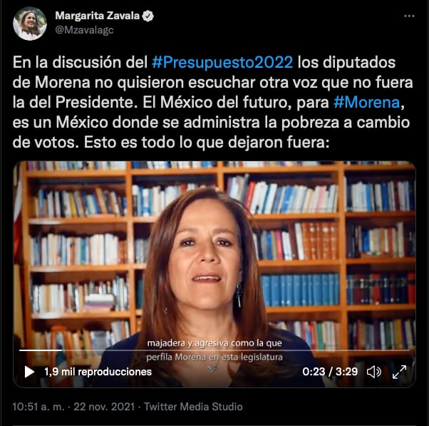 Captura de pantalla de tuit de Margarita Zavala que acusa a Morena de no escuchar en la discusión del PEF 2022/@Mzavalagc