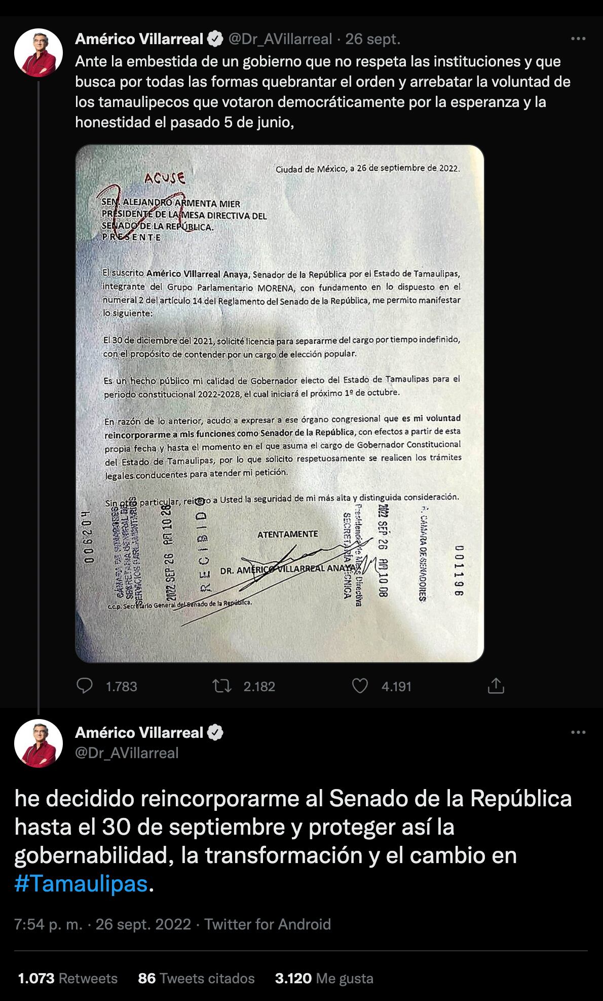 Américo Villarreal no sabe qué hacer con su vida: ya se arrepintió de regresar a la Cámara de Senadores