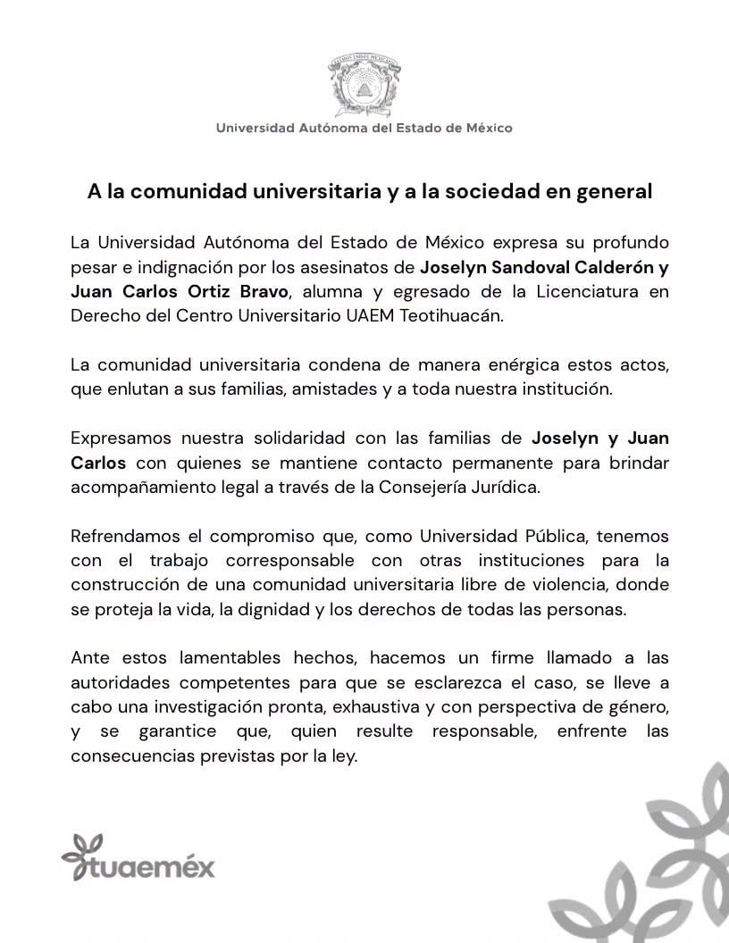 UAEMéx exige esclarecer los asesinatos de Joselyn Sandoval y Juan Carlos Ortiz