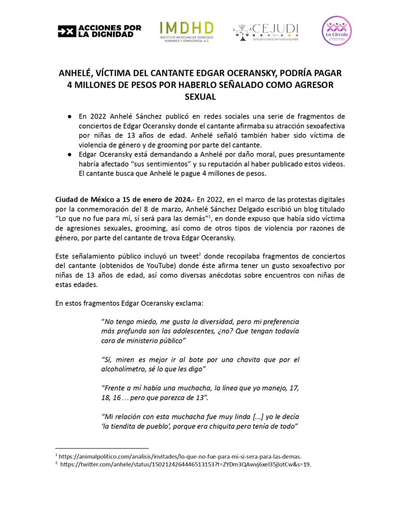 Comunicado de la víctima de Edgar Oceransky por su demanda.