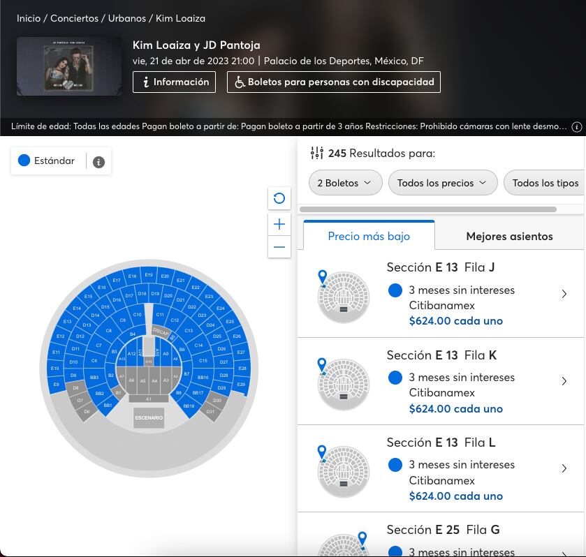 Lugares disponibles para el concierto de JD Pantoja y Kim Loaiza