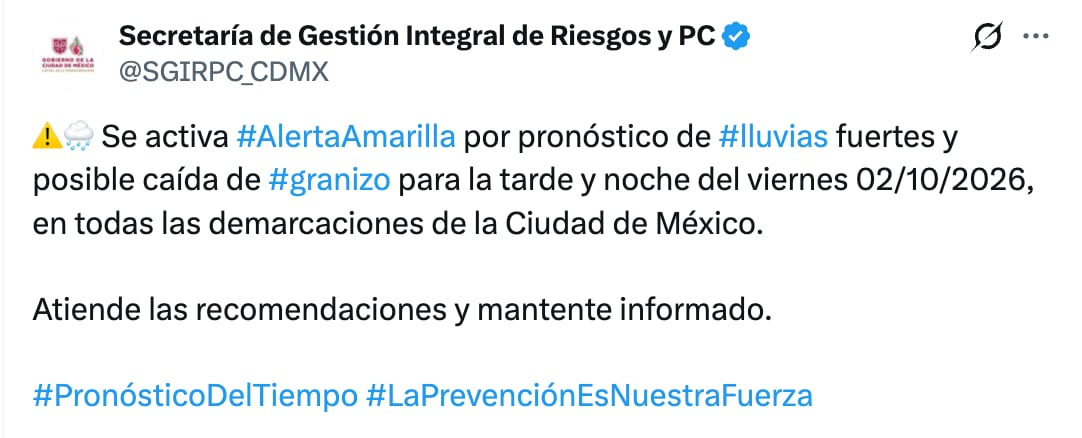 Activan la Alerta Amarilla para las 16 alcaldías de la CDMX este 2 de octubre